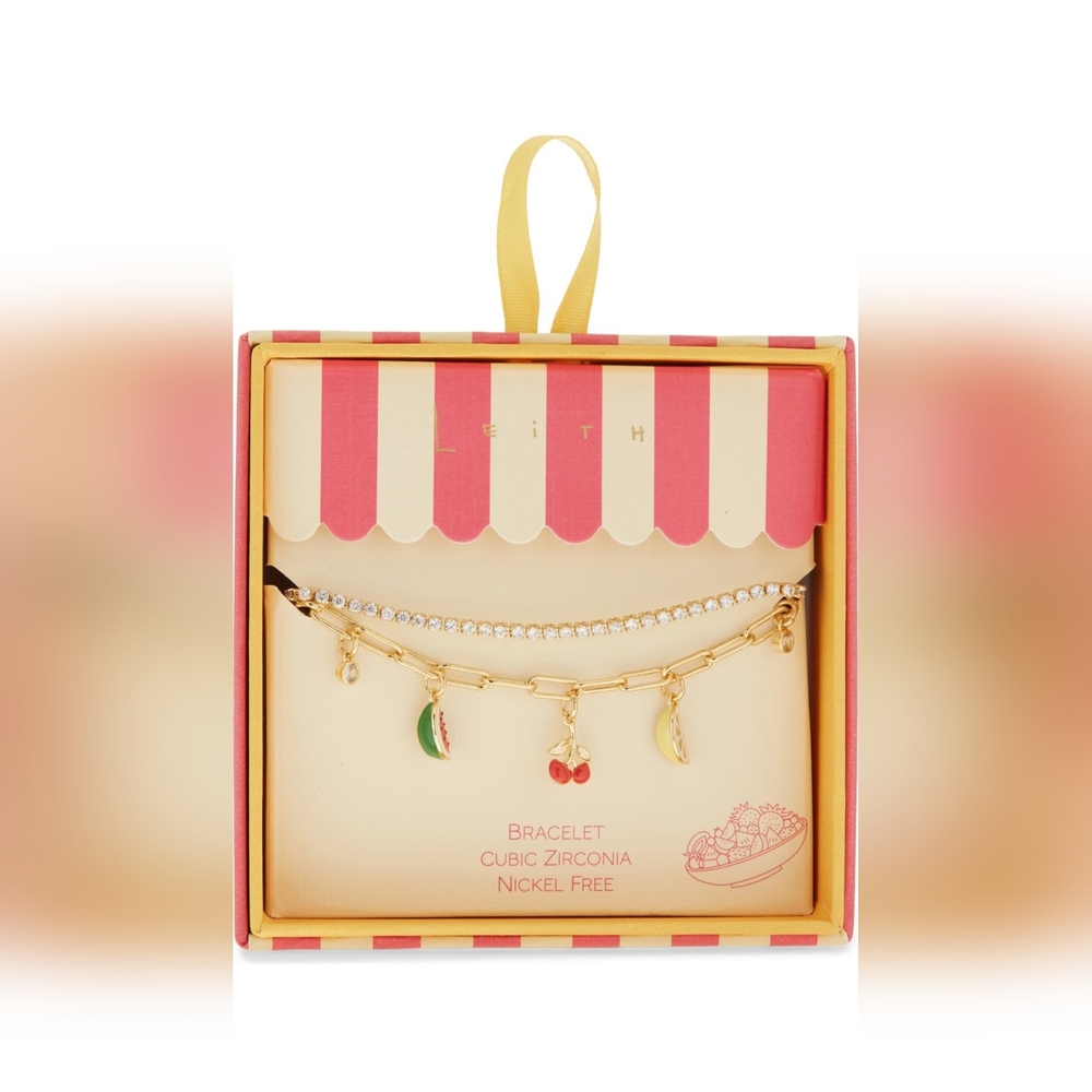 Leith Gold-Tone Fruit Charm Bracelet Set with Enamel Red, Green, Yellow